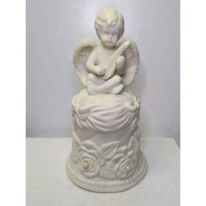 Vintage Ceramic Cherub Christmas Mandolin Angel Wings Bell Figurine Collectible